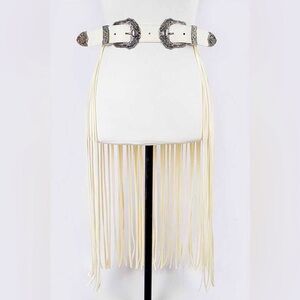 Double Buckle White Fringe Skirt Statement Belt